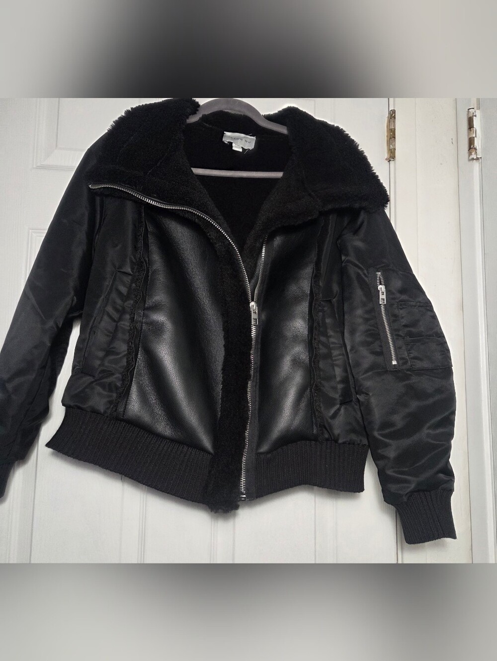 Jason Wu Women's Faux Leather Sherpa Aviator Bomber Jacket Black Size Large - Picture 2 of 11
